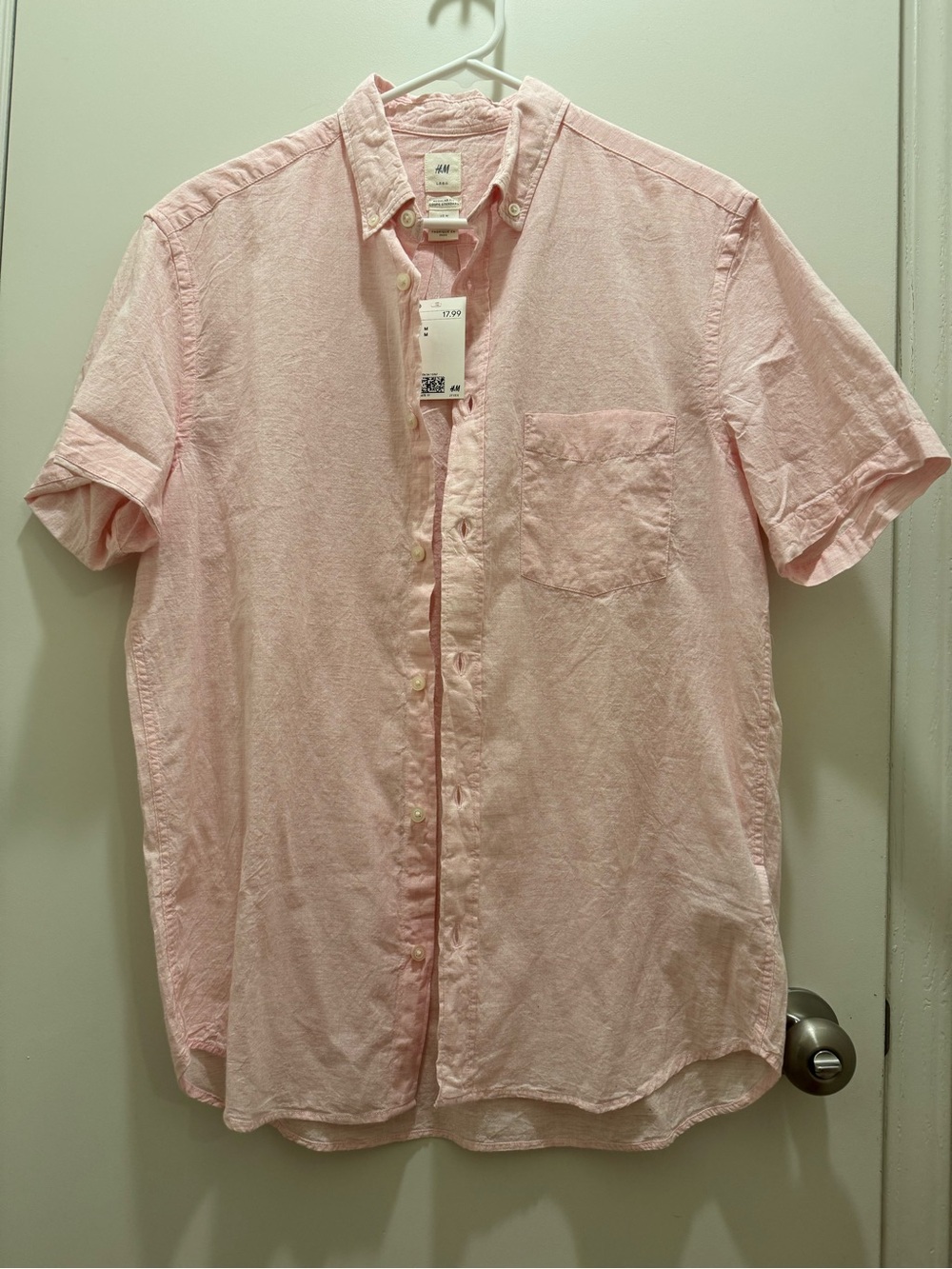 H&M Light Pink Men's Short-Sleeve Button-Up Shirt - Classic Casual